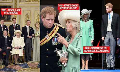 'Tense' Prince Harry was 'angry and glowering' during public appearances with Camilla before Megxit, body language expert claims - and explosive book by Tina Brown alleges that he 'can't stand' his stepmother