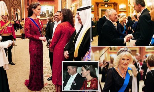 Lady in red! Princess of Wales makes stunning statement in Jenny Packham gown, the Queen's diamond earrings and Margaret's favourite Lotus Flower tiara for Buckingham Palace reception just hours before Sussexes receive ‘anti-racism’ award