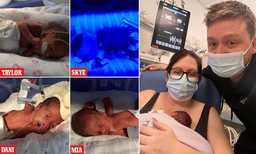 Mother who thought she was having triplets was stunned to give birth to QUADS instead (while dad passed out in the delivery room and missed the whole thing)