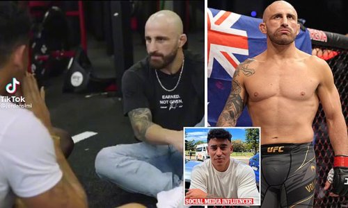 See Aussie UFC king Alex Volkanovski's VERY confused reaction when social media influencer with painted fingernails asks to hold his hands during an interview