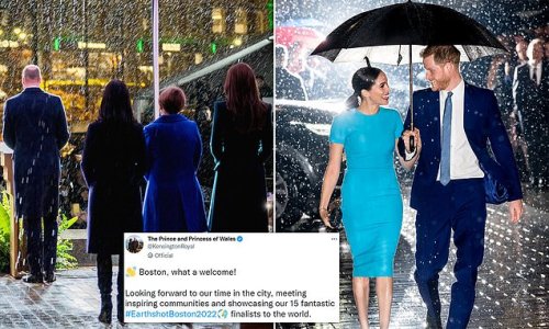 Who pour it best? William and Kate greet Boston by tweeting rain-soaked photo showing their backs - two years after Harry and Meghan's famous umbrella picture went viral