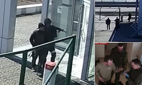 Horrifying moment Russian troops gun down and kill two unarmed Ukrainian men after asking them for cigarettes - and then loot their office