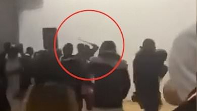 Terrifying moment children run screaming after event hosted in primary school is crashed by 'group of youths armed with knives' leaving police hurt and two teenagers with stab wounds