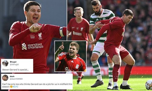 Sign him up! Liverpool Twitter go wild as Merseyside icon Steven Gerrard steals the show in Legends match against Celtic at Anfield... with fans joking the veteran midfielder could start in THIS SEASON'S side!