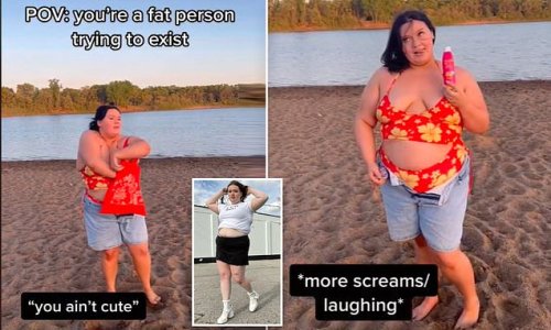 'You ain't cute!' Plus-size influencer is mocked and harassed while filming a TikTok in a bikini at the beach - with video capturing strangers laughing at her and yelling 'you're f***ing fat'