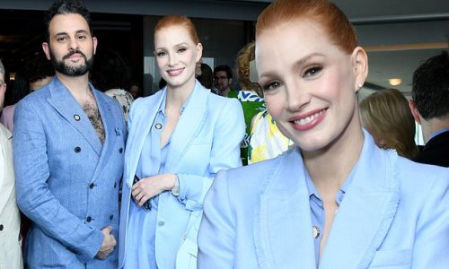 Jessica Chastain and Josh Groban stand out in bright blue outfits while attending the 2023 Tony Award Nominee Luncheon in New York City