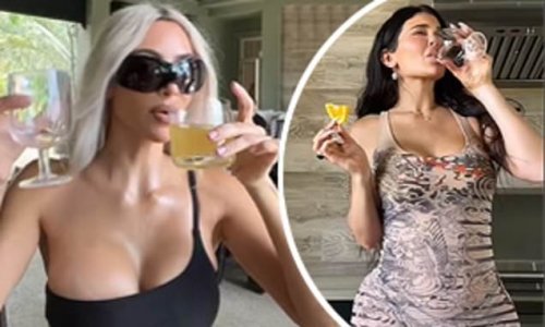 Kim Kardashian flaunts her figure in a black bikini as she struggles to down liquor while taking part in TikTok's 'first shot' trend for Kylie Jenner's birthday