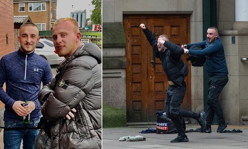 Pictured: Two louts with 20 previous offences combined shout 'get in!' and celebrate outside court as they avoid jail for booze-fuelled 4am fight - after arguing they were suffering with mental health issues