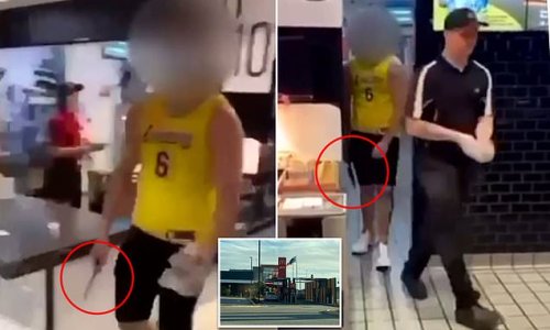 Terrifying moment a brave mother at McDonald's with her young children pleads with a knife-wielding robber: 'There's kids here, don't do this'