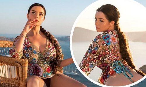 'Your new obsession': Demi Rose puts on a VERY racy display in a cheeky G-string bikini and a plunging sheer blouse as she watches the sunset in Greece