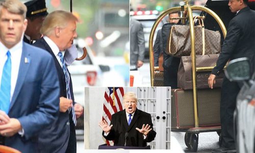 Trump leaves Trump Tower ALONE with Gucci shopping bags and luggage