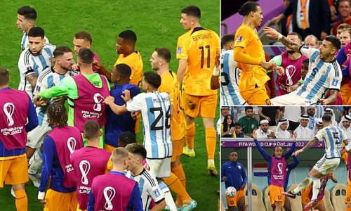 Argentina's Leandro Paredes causes a huge brawl in their World Cup quarter-final with Holland after clattering Nathan Ake and smashing the ball into the Dutch substitutes on the bench... before Virgil van Dijk is booked for flooring the midfielder