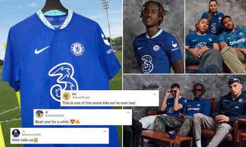 Chelsea FINALLY release their new home kit four weeks before they kickoff the 2022/23 campaign against Everton, with the design paying tribute to legendary former manager Ted Drake... but fans are divided over its controversial turquoise and white collar