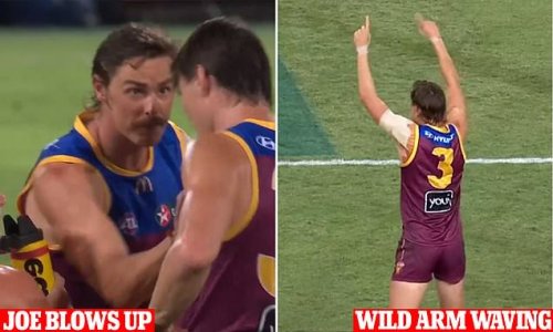 Heated moment Joe Daniher SLAMS Eric Hipwood in the chest during dramatic win over Melbourne after the Lions star blew up at his teammate in wild display in front of goal