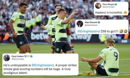 Gary Lineker and Piers Morgan lead the praise for 'unstoppable' Erling Haaland... as Alan Shearer jokes Man City star only has '258 to go' to pass him as the Premier League's all-time top scorer following brace on debut