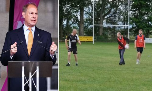 Good try! Prince Edward dodges players and passes the ball while playing walking rugby before presenting the Duke of Edinburgh Gold Award at Holyroodhouse