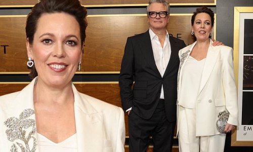 The Crown's Olivia Colman wows in chic white suit as she joins co-star Colin Firth at the Beverly Hills premiere of Empire Of Light