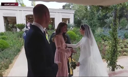 Chop, chop! Moment Prince William tells chatty Kate to move along after an animated conversation with new Princess of Jordan at her wedding
