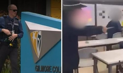 Disturbing moment boy pulls a knife on female student and chases her around the classroom during an argument over an umbrella