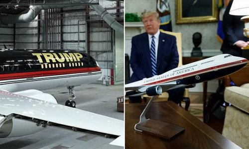 Trump gives a sneak peek of his Boeing 757 that has been 'modernized, renovated' and been given a new paint job after being kept out of public eye and as row goes on over new Air Force One