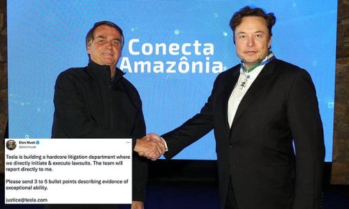Elon Musk (sporting some very bizarre facial hair) meets Brazilian president Bolsonaro in Sao Paulo today after claims he sexually harassed SpaceX flight attendant: Billionaire announces he is building a 'hardcore litigation department' to fight his growing legal issues
