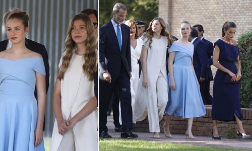 All grown up! Leonor of Spain, 16, looks elegant in a periwinkle blue gown while Sofia, 15, opts for a trendy white jumpsuit at Princess of Girona Foundation Award ceremony with King Felipe and Queen Letizia