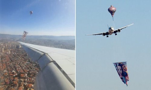 Pictured: Moment passenger jet has to dodge drifting balloon in mid-air to avoid tragic accident