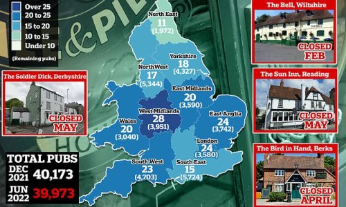 How many pubs have been lost in YOUR area? Map shows numbers have fallen below 40,000 for first time with 7,000 closing in the last decade as landlords battle record-high inflation and soaring energy bills