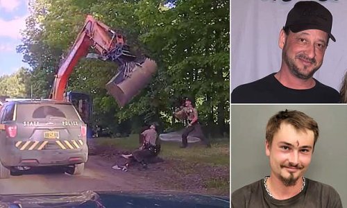 Wild moment Vermont dad swings an EXCAVATOR at two state troopers while they're trying to arrest his son, 24, for burglary