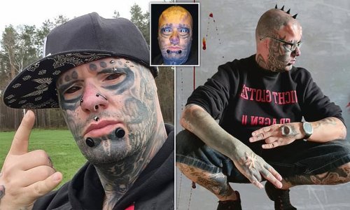 Man dubbed 'Mr Skullface' thanks to his unusual facial tattoos shows off his extreme body modifications including horn implants on his head, a split tongue and having his EARS removed