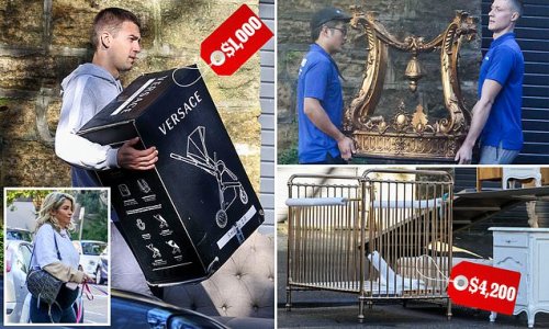 Only the best for Prince Sandilands! Kyle's pregnant fiancée Tegan Kynaston watches removalists carry designer baby items including a $4,200 Versace stroller and a $1000 gold cot out of their home