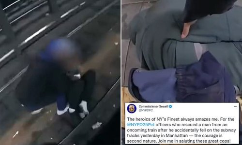 Heart-stopping moment NYPD cops race to rescue man who fell on subway tracks in Manhattan - and lift him to safety as train speeds into station