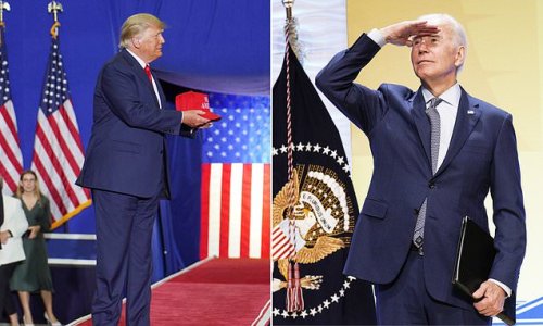 Can't catch me out! Trump catches hat and pen as he leaves Michigan rally - after Biden recently struggled to find his way off stage at events