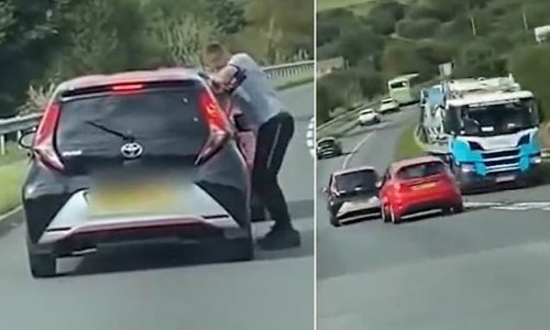 Road-rage driver tailgates car before cutting in front of it