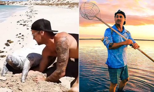 Heartwarming moment boaties save a sea turtle stuck upside down