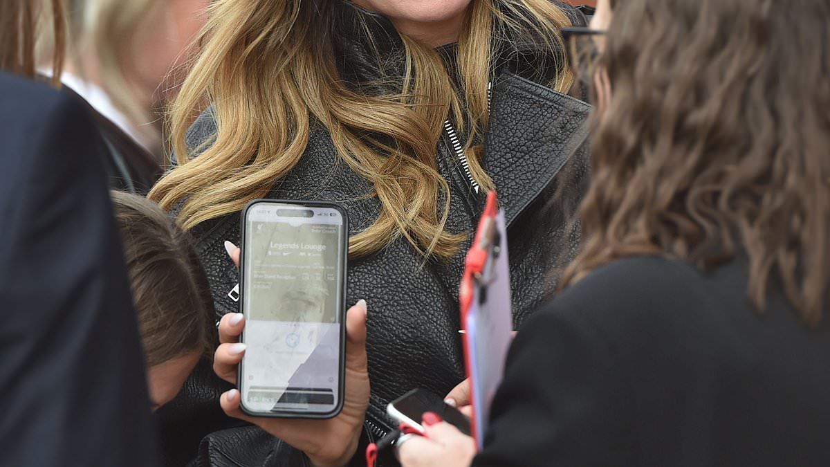 Abbey Clancy looks effortlessly stylish in a black leather jacket as she arrives at Anfield Stadium to support husband Peter Crouch playing in Liverpool Legends match