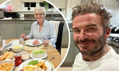 'Can’t beat dinner with mum': £300m David Beckham beams as he enjoys his 'favourite' childhood tea of gammon, pineapple and chips back home