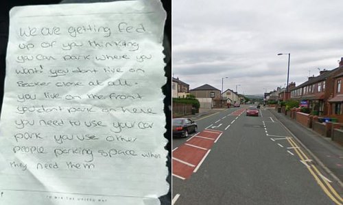Woman discovers 'unbelievable' note left on her car windscreen by angry neighbours who say they are 'fed up' with her parking