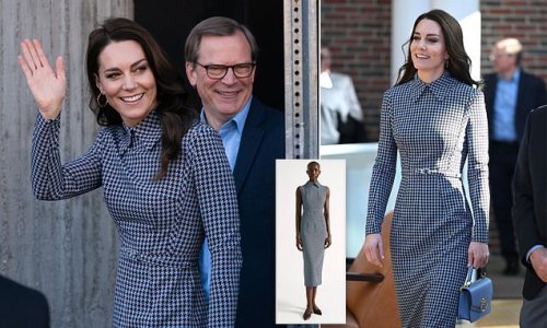 Getting crafty to combat the cold! Kate Middleton adds sleeves to chic $1,200 Emilia Wickstead dress as she braves Boston chill for trip to Harvard - her first solo engagement of Waleses' US tour