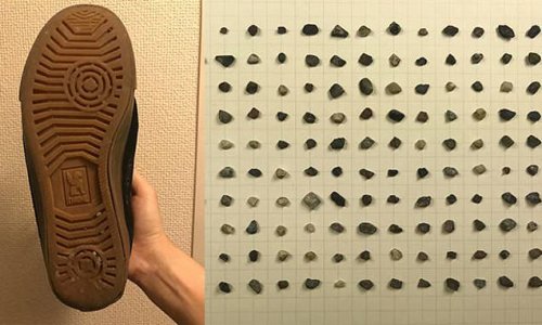 You don't need money to have fun! Japanese man collects the 179 pebbles, 32 pieces of glass and one nut that got stuck in the sole of his shoe over a year