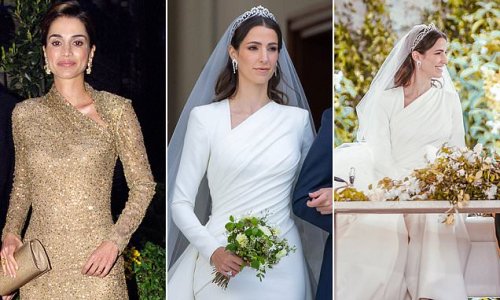 Taking tips from her stylish mother-in-law? Crown Prince Hussein's bride Rajwa Al Saif channels golden Elie Saab gown worn by Jordan's Queen Rania in 2001 for her ivory wedding dress in stunning official photos
