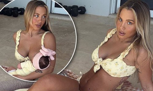 Tammy Hembrow shows off her post-pregnancy figure in a revealing bikini as she breastfeeds her newborn daughter Posy after THAT clash with Celeste Barber