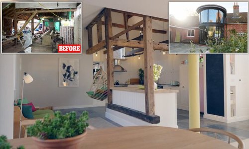 Couple who bought a derelict slaughterhouse, butcher's and pub for £370,000 transform it into a stunning family home complete with two-storey glass extension - but go £100,000 over their £200,000 budget