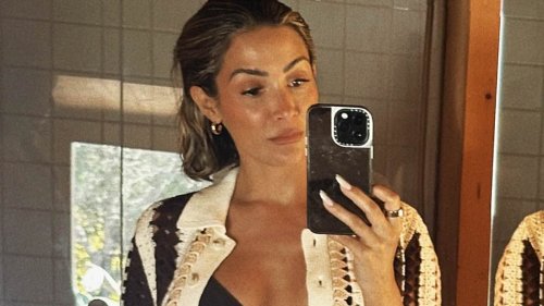Frankie Bridge flashes her toned abs in a black bikini top before going braless beneath a chic vest as she reveals she's 'ready to transition into her summer wardrobe'