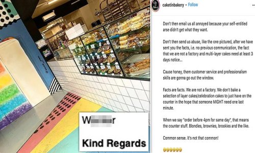 Bakery owner blasts rude and 'entitled' customer who called her a 'w****r' in furious message after she refused a last-minute cake order