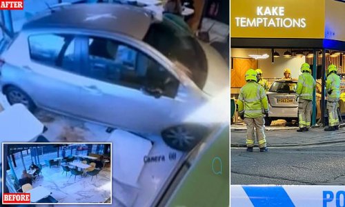 Britain's luckiest woman... or unluckiest? Terrifying video captures moment out-of-control car smashes through cake shop window sending customer who was enjoying a chat with a friend FLYING across the room - but owner says the victim was NOT badly hurt