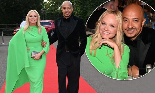 Emma Bunton stuns in a green figure hugging gown as she joins dapper