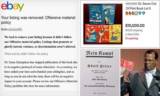 'You can't make this stuff up': Outrage as eBay REMOVES listings for canceled Dr Seuss books 'because they glorify violence' but allows copies of Mein Kampf and Louis Farrakhan's books to be sold