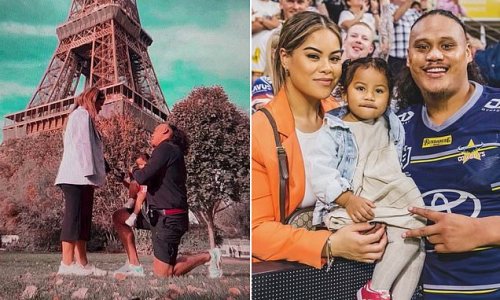 Footy star Luciano Leilua's girlfriend accepts his Eiffel Tower proposal just weeks after he allegedly assaulted her - as he prepares to face domestic violence charges and his lawyer denies engagement is a stunt