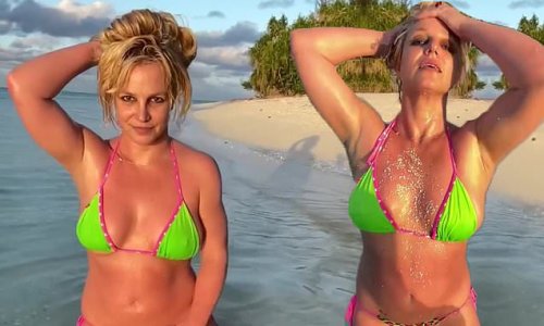 Britney Spears shows off her toned abs in a neon green and cheetah bikini while enjoying a 'rainy' honeymoon with husband Sam Asghari